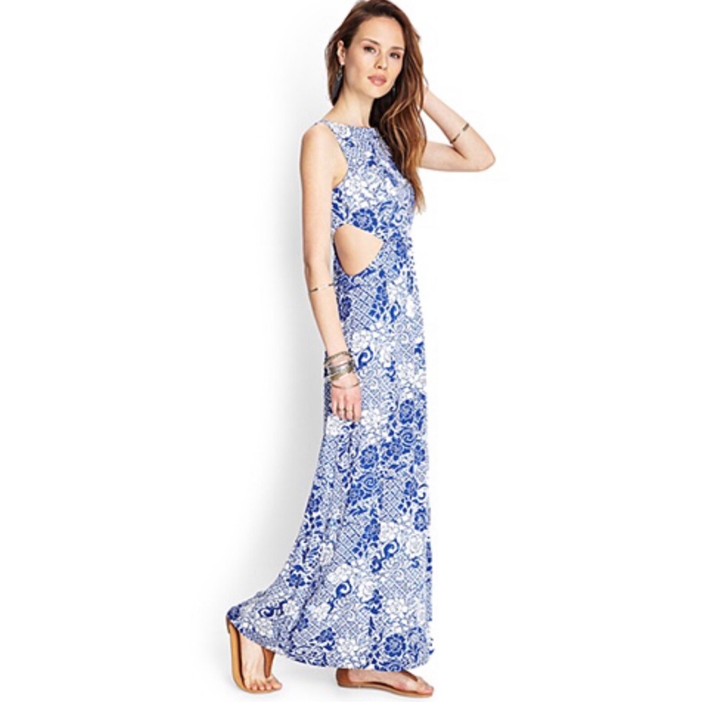 S - Forever21 Blue Floral Cut Out Maxi Dress